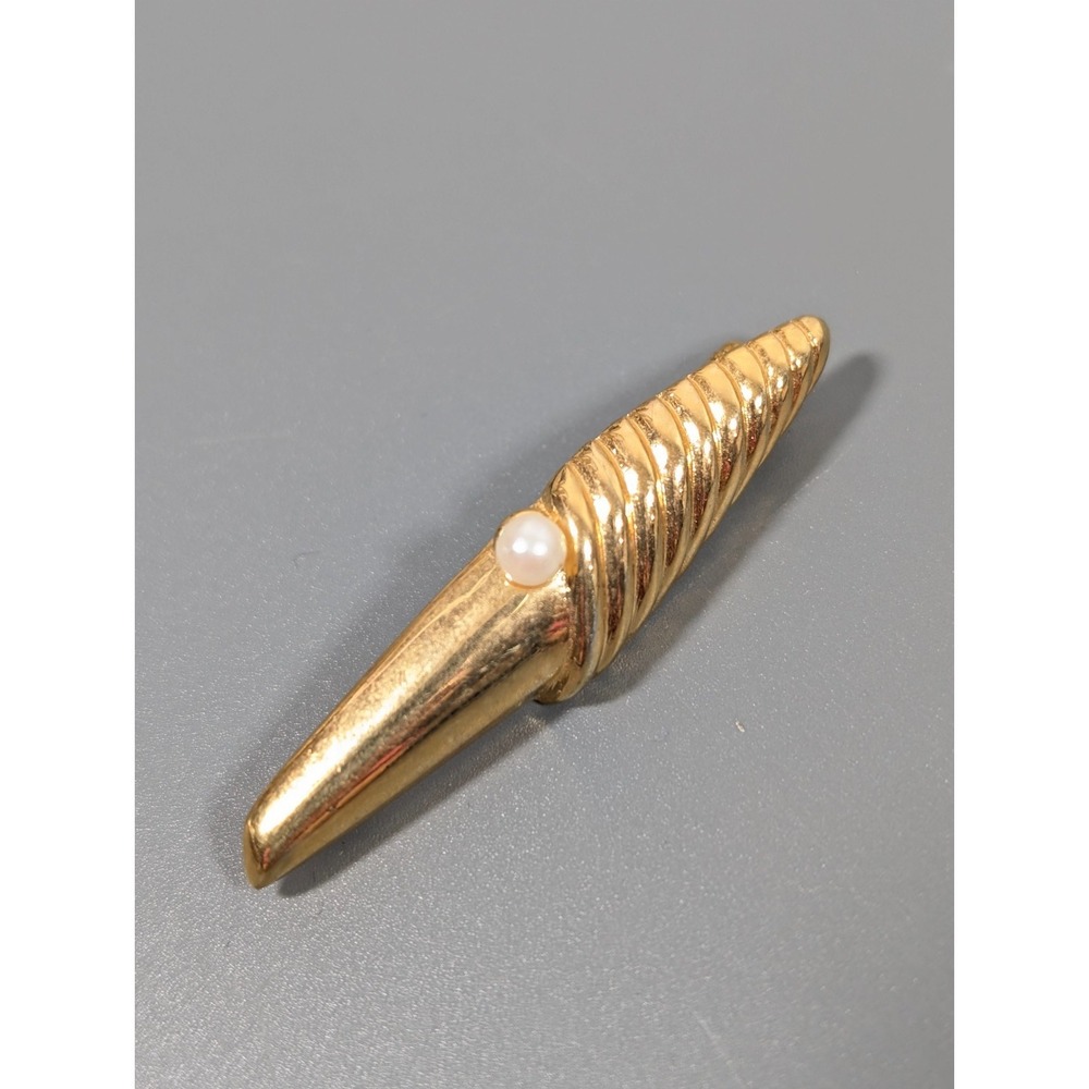 Vintage Gold Tone Spiral Cone Brooch Faux Pearl Nautical Geometric Pin‎